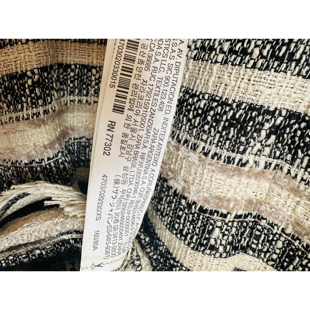 Zara Low Back Cream Black Striped Tweed Shift Dress with Fringe Detail Small - Picture 9 of 11